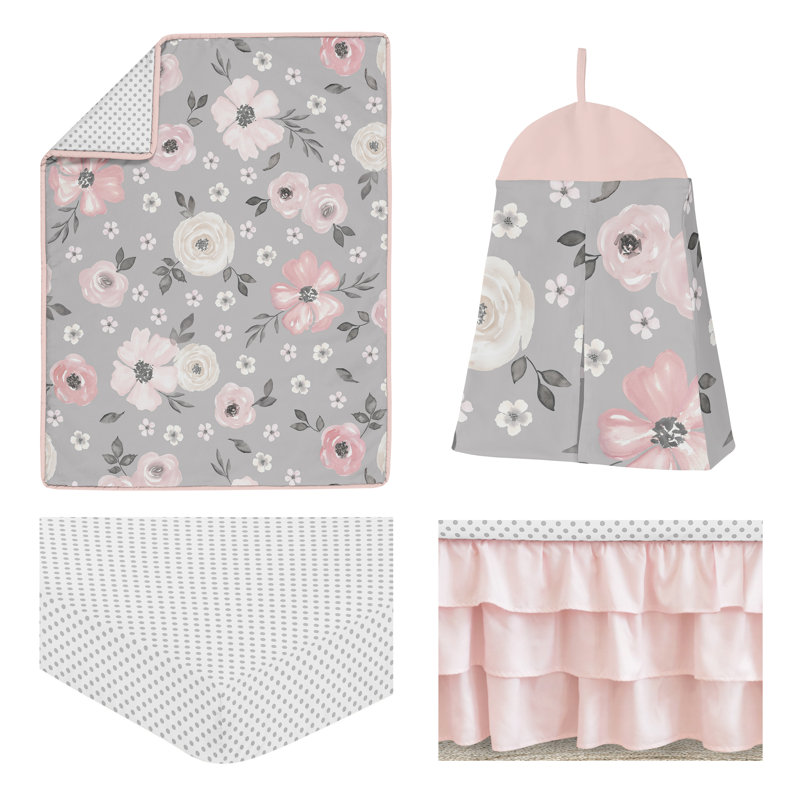 Butterfly Pink and Taupe   Floral 4 Piece Crib Bedding Set
