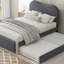 Lit plateforme tapissier avec pieds de support en bois et lit gigogne simple-699046833-699046832