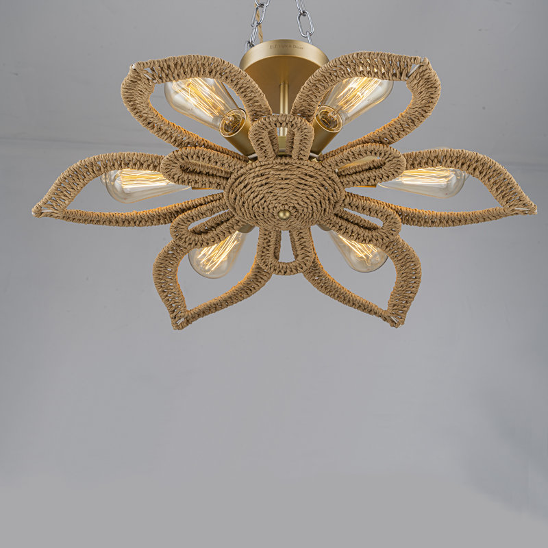 Jollain 6-Light Natural Rattan Coastal Semi-Flush Mount Chandelier
