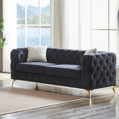 Canapé en velours de luxe 82,5 pouces avec boutons Chesterfield capitonnés avec 2 coussins et pieds en métal
