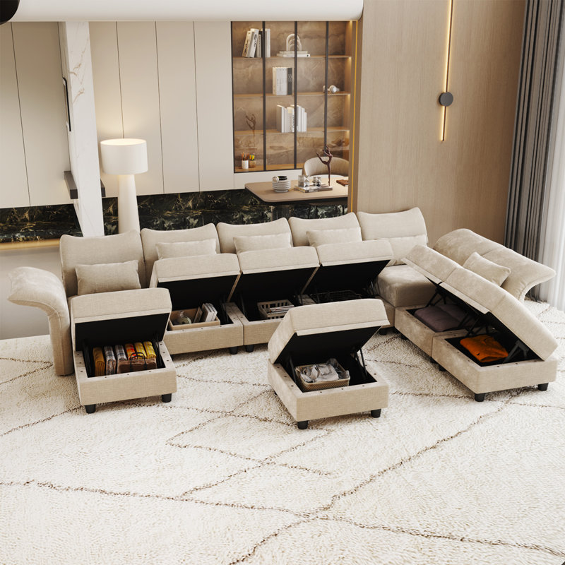 Canapé modulaire symétrique en microfibre avec repose-pieds Caralina, Microfibre ivoire / microsuède