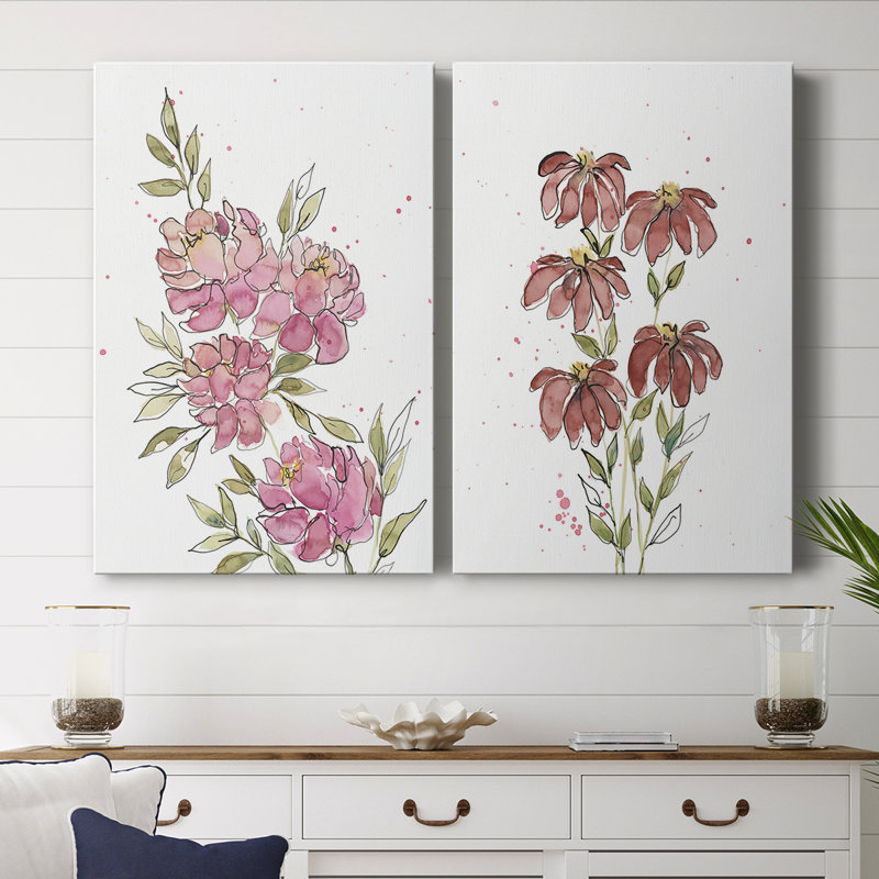 Watercolor Blooms I - Toile tendue avec châssis de qualité supérieure - Prêt à accrocher, H 18 po x l 12 po