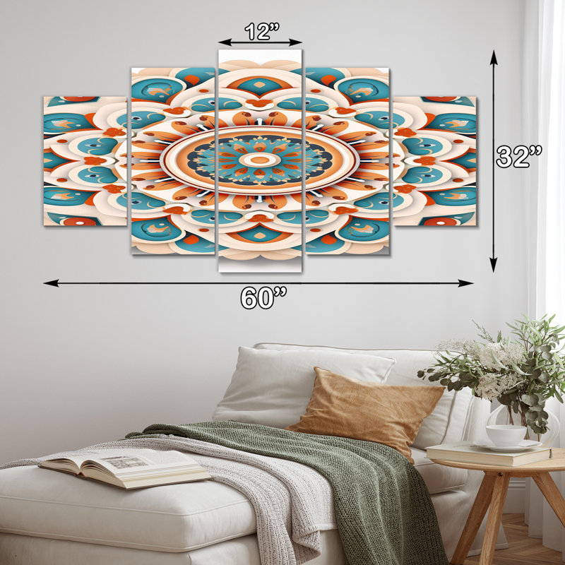 Mandala sacré en bleu rétro - décoration murale mandala boho - 5 panneaux