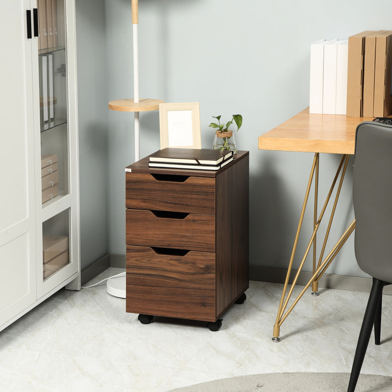 Armoire à grain de bois brun, 3 tiroirs, roulettes pour une mobilité en douceur dans une armoire de bureau avec grain, installation pratique