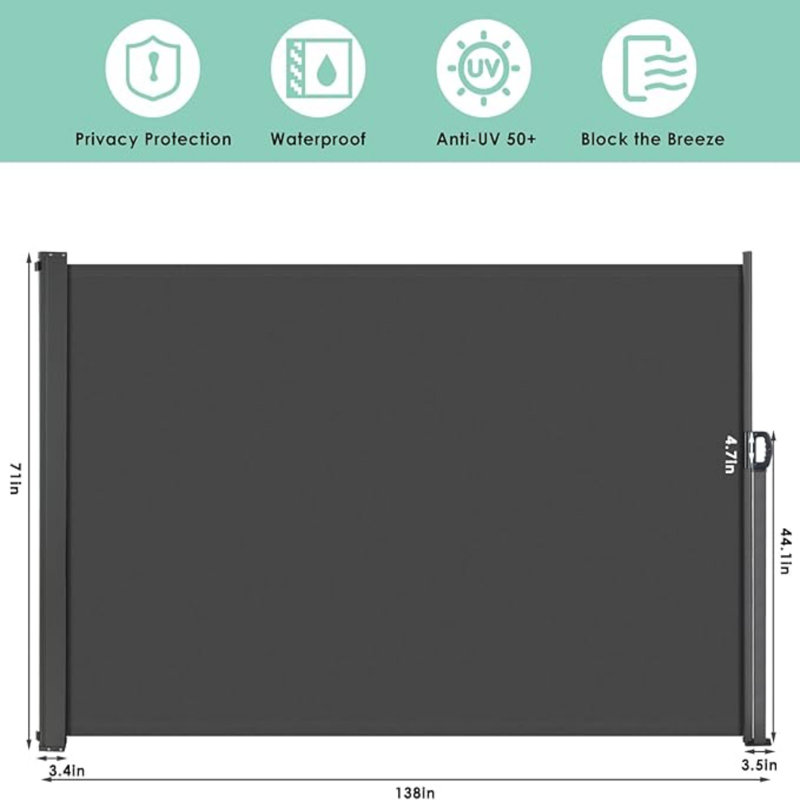 Pirecart Retractable Side Awning, Patio Side Screen Awning, Uv Resistant, Waterproof, retractable privacy screen for Garden, Balcony, Courtyard, Terrace and Porch (Dark Grey)