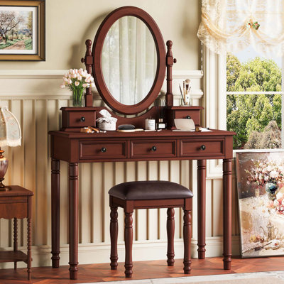 Bureau de coiffeuse rétro avec miroir réglable, tabouret rembourré et tiroirs doublés de velours pour un rangement élégant pour le maquillage