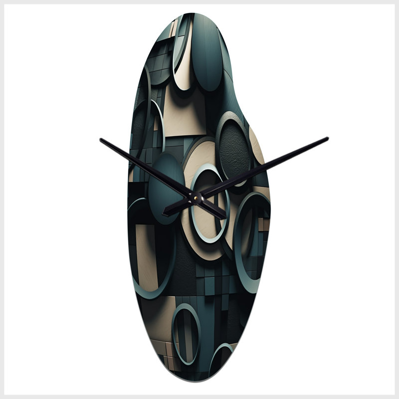 Teal Fragmented Forms - Cubism Curved Metal Clock, Modern Asymmetrical Wall Clock Print, Moyenne