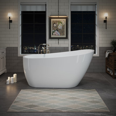 59" Acrylic Freestanding Bathtub, Stylish Deep Soaking Bathtub With Pop-up Drain & Integrated Overflow, Contemporary Stand Alone Bath Tub For Bathroom Spa Or Home Upgrade, Glossy White