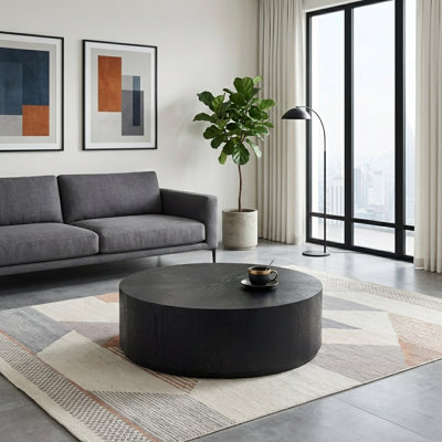 Table basse ronde moderne de 35 pouces, centre de table tambour noir pour salon et appartement, design en panneau de fibres à densité moyenne entièrement assemblé