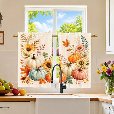 2Pcs Autumn Harvest Pumpkin Sunflower Curtains, Light Filtering Fabric, Watercolor Fall Floral Print, Privacy Protection Window Drapes, Rod Pocket Design, for Living Room, Bedroom, Kitchen Home Decor