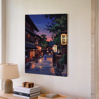 Une rue japonaise tranquille au crépuscule, doublée de bâtiments traditionnels en bois et d'un art mural doux de qualité supérieure prêt à accrocher moderne