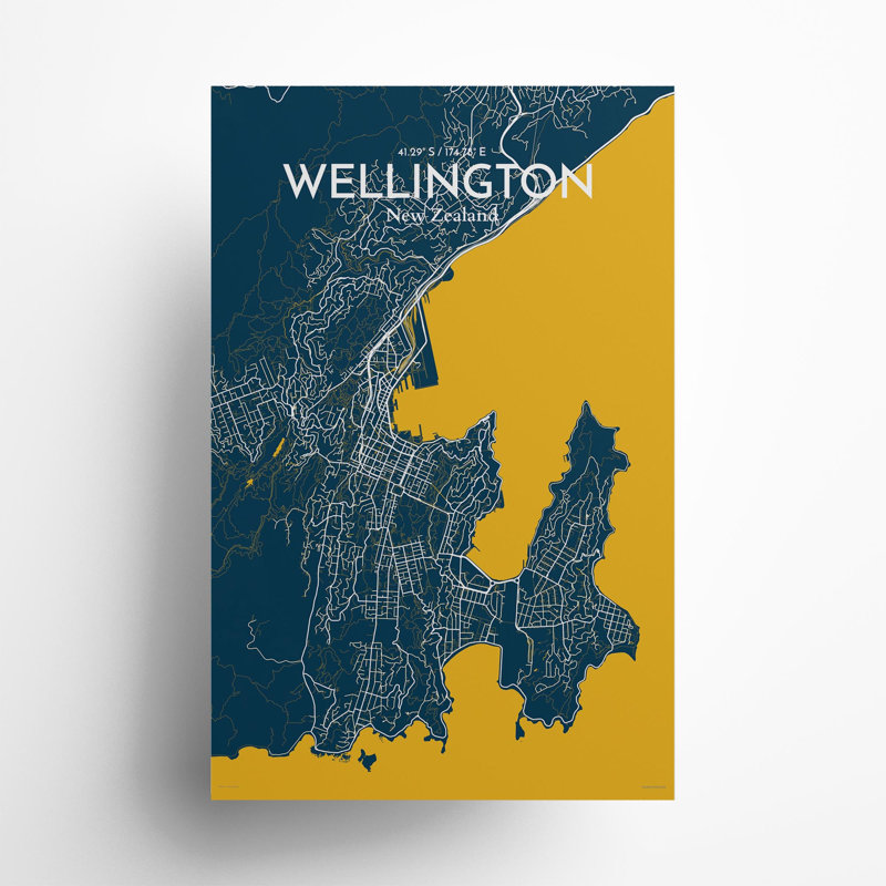 Wellington, carte de la ville, impression, Bleu / jaune, H 17 po x l 11 po