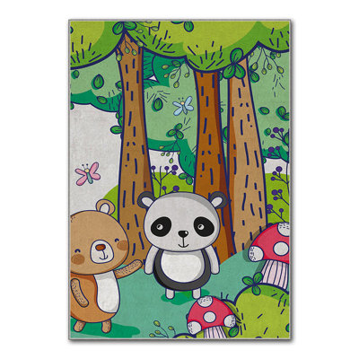 Tapis rectangulaire tissé à la machine en polyester brun / vert / crème