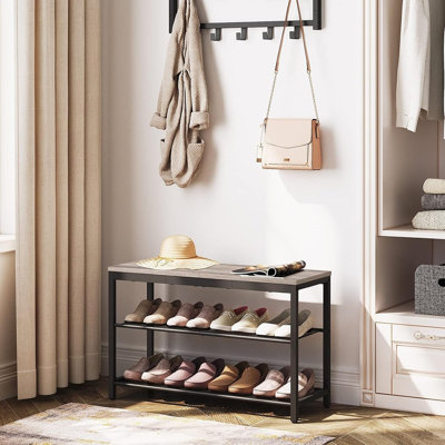 Banc de rangement industriel à 3 niveaux pour chaussures, organisateur de vestibule avec tablettes en filet, grège, facile à assembler