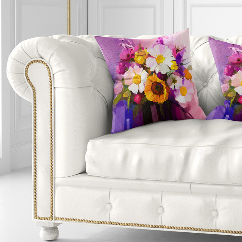 Bouquet de fleurs blanches rouges et jaunes - coussin à imprimé floral, 16 po x 1 po, Coussin décoratif