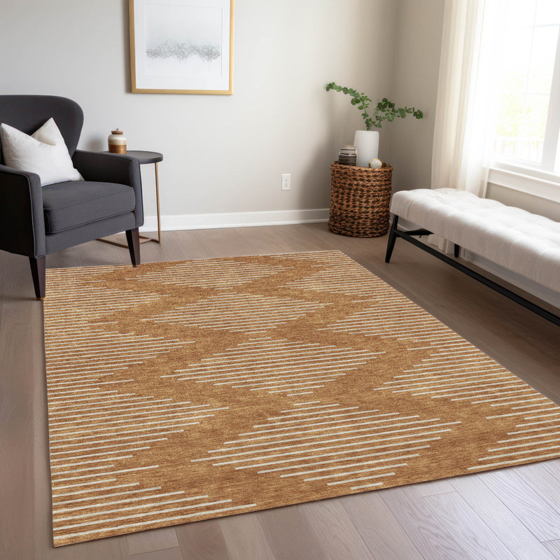 Paprika and Beige Synthetic Washable Rectangular Rug