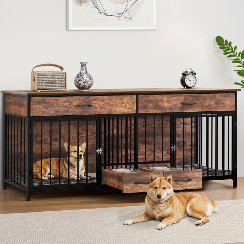 Wooden Double Dog Crate Furniture with Feeders, Brown, 34" H x 74.8" W x 22" D