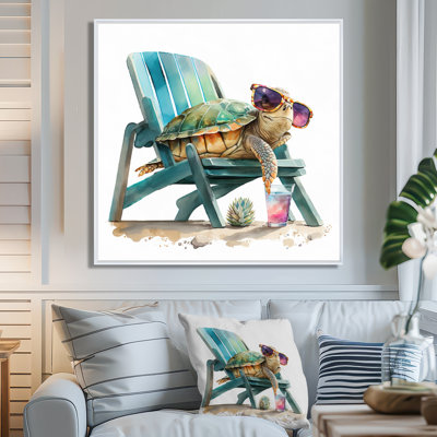 Tortue allongée sur une chaise de plage avec des lunettes de soleil I - Décoration murale tortue pour salon