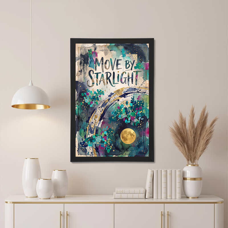 "Move By Starlight", art mural sur toile avec lune dorée et étoiles, 24"H x 16"W