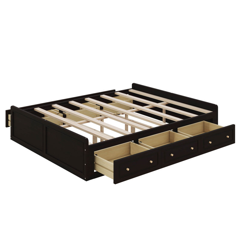 Base de lit plateforme en bois avec support en lattes de bois et 6 tiroirs, Espresso