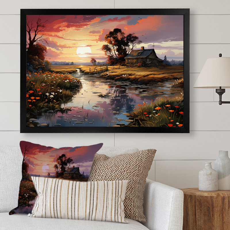 «Relaxing Farm Charm Sunset», reproduction sur toile, Cadre simple noir, H 34 po x l 44 po x P 1,5 po