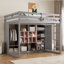 Lit mezzanine en bois pleine grandeur avec garde-robe, tablettes et armoire, gris et rose