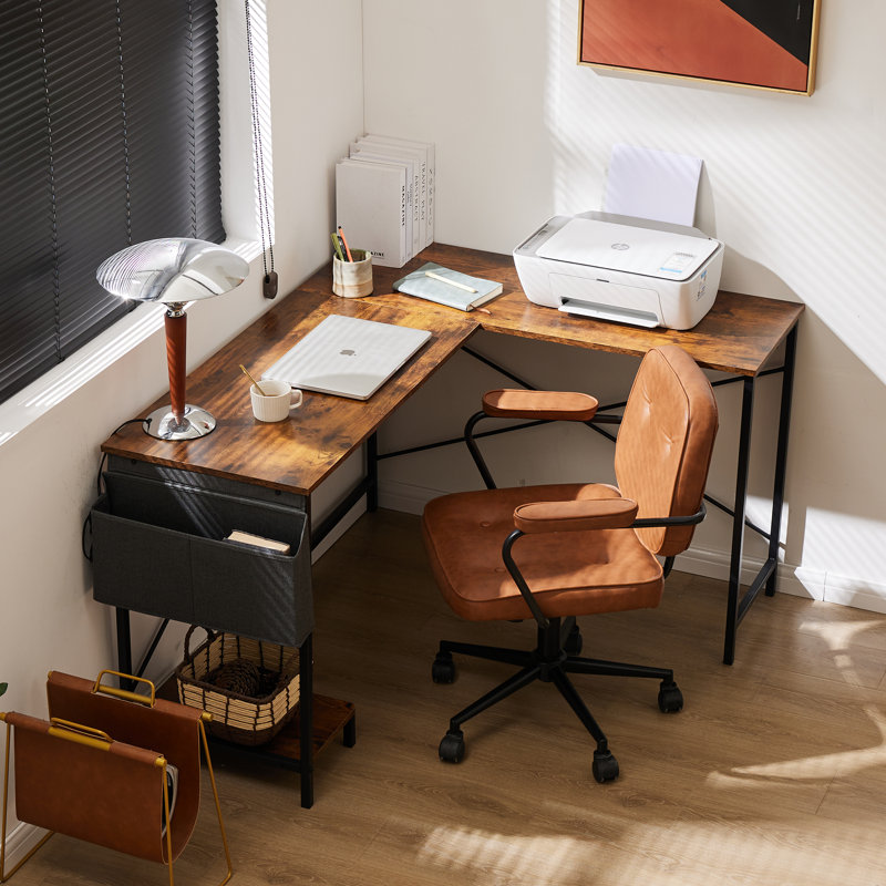 Hussan L-Shaped Metal Base Computer Desk, Retro Brown Stand