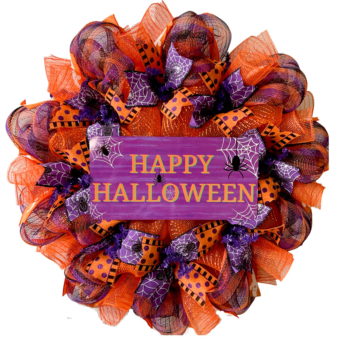 Happy Halloween Wreath Purple and Orange 24 inches Indoor/Outdoor Handmade Deco Mesh The Holiday Aisle®