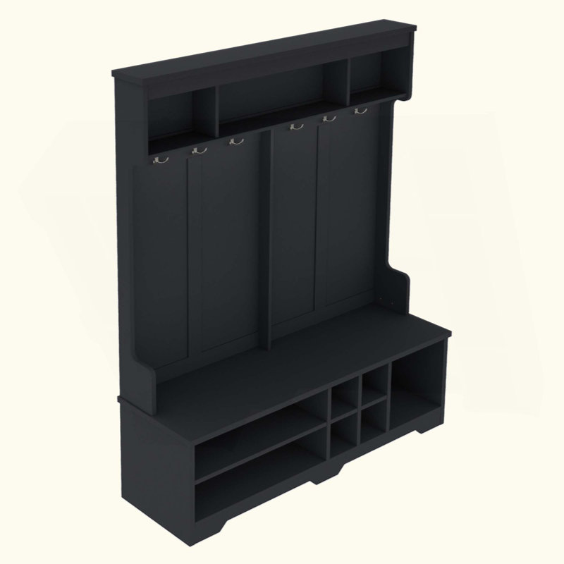 Modern Hallway Hall Tree With Metal Hooks And Storage Space, Multi-Functional Entryway Coat Rack With Shoe Cubbies, Black