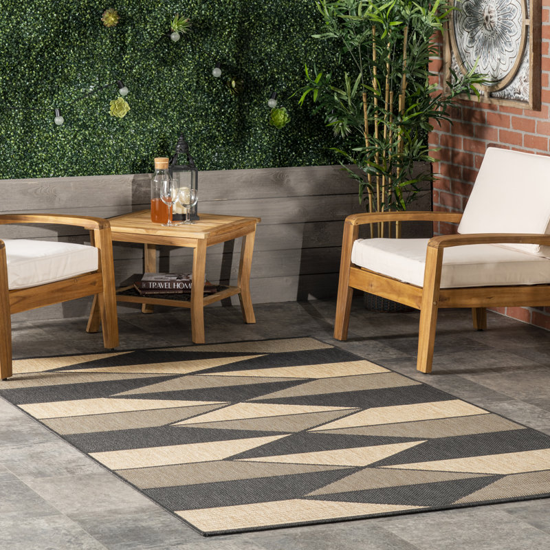 Tapis intérieur / extérieur gris anthracite / beige / gris Sanjuana, Rectangle 6 pi 7 po x 9 pi
