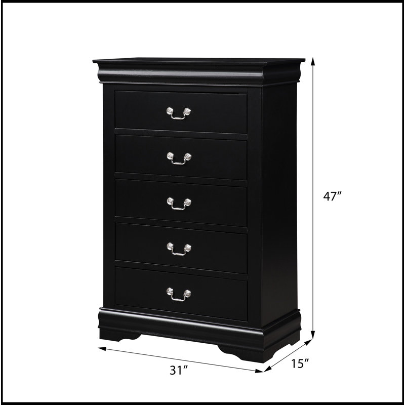 Commode 5 tiroirs avec poignées en métal, Noir, noir, noir, noir