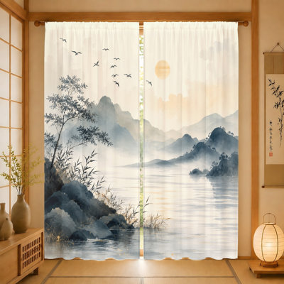 2 pièces rideaux de paysage serein, montagnes de style encre et paysage d'eau, tissu filtrant la lumière, artistique pour le salon, la chambre à coucher, le balcon, la décoration intérieure