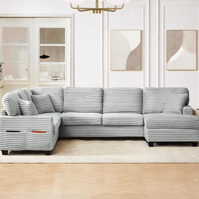 Canapé modulaire en velours côtelé gris 125,2 po, mobile, avec rangement latéral, complet avec coussins, facile à assembler dans la surface de vie et avec revêtement rembourré 125,2 po