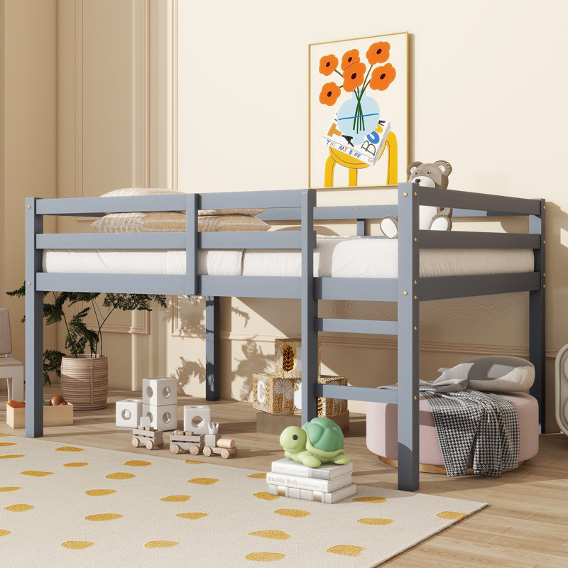 Lit mezzanine double en bois d'hévéa avec échelle, gris, Gris