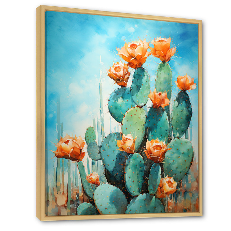 Cactus bleu et bronze brossé I - impressions sur toile de cactus, H 40 po x l 30 po x P 1,5 po, Cadre naturel flottant