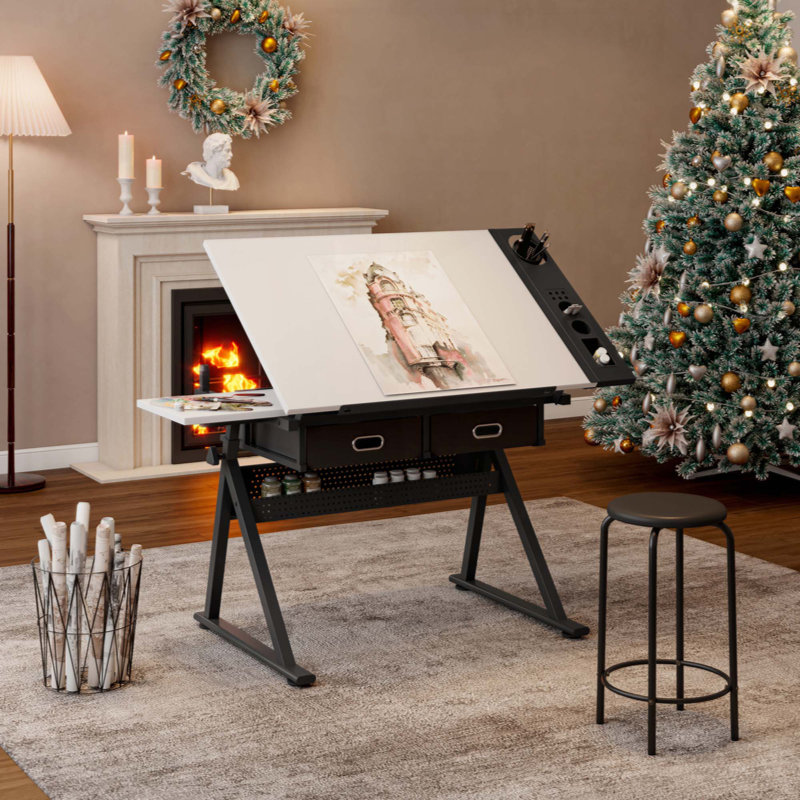 Bureau de dessin réglable avec tabouret et 2 tiroirs pour le bureau personnel, Blanc