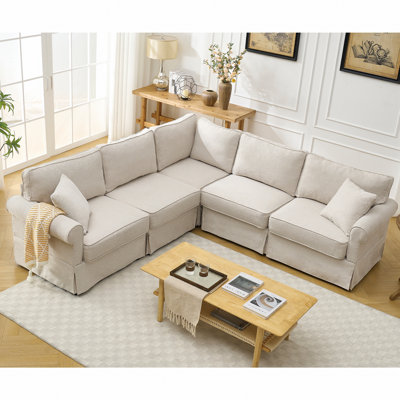 Ensemble de canapé modulaire modulaire, canapé convertible en forme de L, 5 sièges, canapé modulaire réversible, rembourré, canapé d'angle, accoudoirs roulés, tissu en lin doux