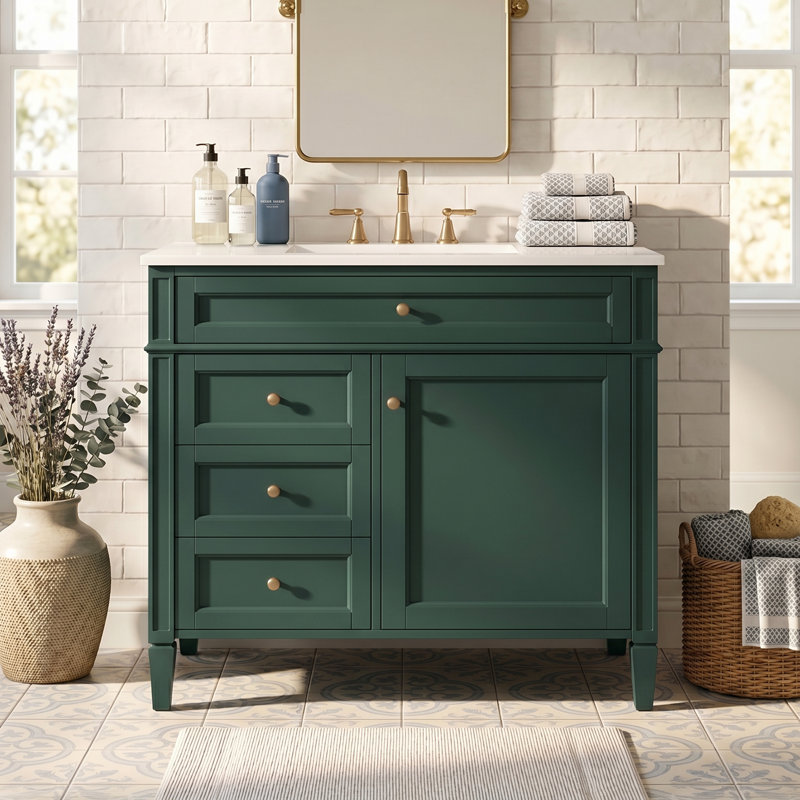 Meuble-lavabo autoportant 36 po en bois aggloméré avec lavabo en céramique blanc, armoire de salle de bain verte avec 2 tiroirs, tablettes de porte réglables et tiroir basculant