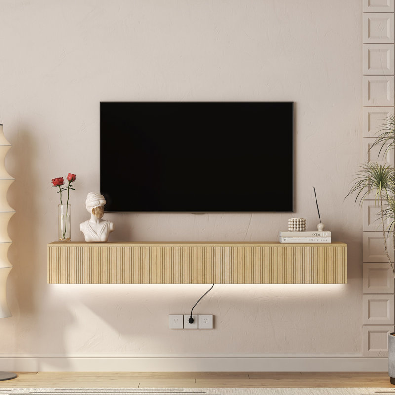69" Wall Mounted TV For Tvs Up To 65'', Floating TV Stand With LED Lights & Power Outlet, Natural