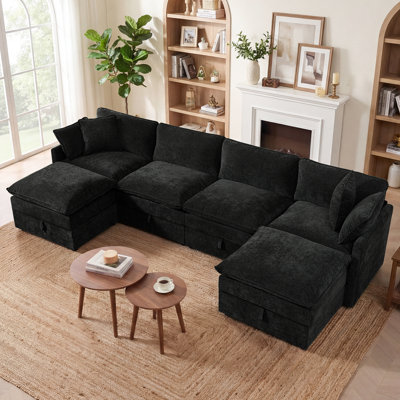 Greer 135" Modern 6 Seat Upholstered Chenille U Shaped Sectional Sofa with Storage Seats