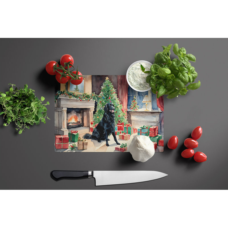Flat-Coated Retriever Cozy Christmas Glass Cutting Board Large