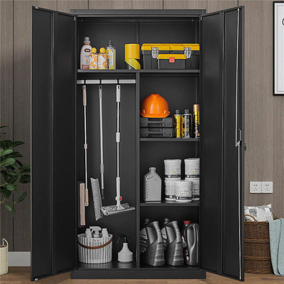 Black Metal Large-Capacity Wardrobe With Hanging Rod And Compartments, Lockable Closet With Locks & Keys, Steel Construction, Waterproof & Fireproof, Suitable For Bedroom, Living Room And Laundry Room