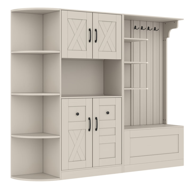 Multifunctional L-Shaped Hall Cabinet with Storage & 4 Hooks – Living Room, Kitchen, Entryway 2-in-1,antique Beige, Beige