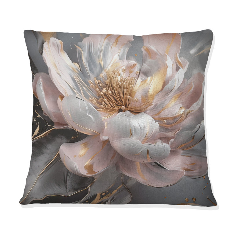 Marble Pink Gold Peony Flower III - Abstract Marble Printed Pillow, 18"H x 18"W