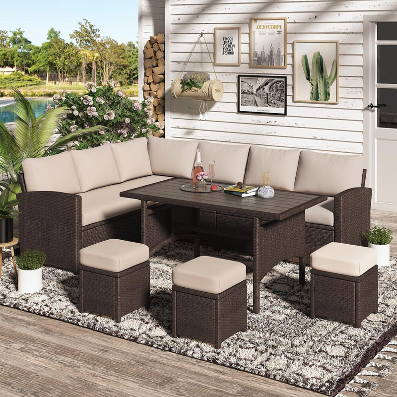 Hinesville 7 Piece Rattan Lounge Dining with Cushions, Brown Frame/Tan Cushion