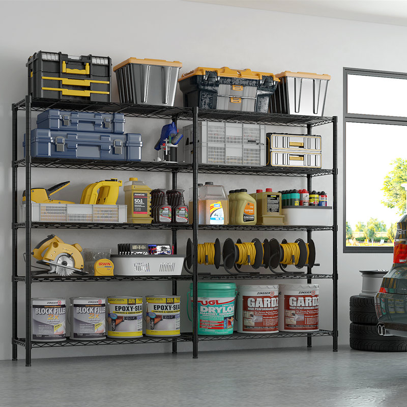 5-Tier Steel Height -Adjustable Storage Rack Heavy Duty Shelving Unit, Black, 70.87" H x 69.69" W x 15.75" D