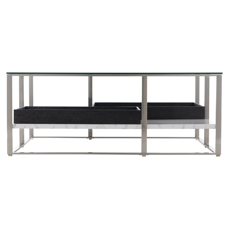 Square Black and Silver Marble Glass Coffee Table with Storage