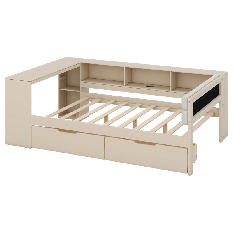  Eduani Wood Platform Bed With Storage Shelves, Drawers, Charging Station And Upholstered Headboard, Full