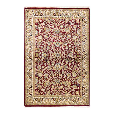 Tapis rouge / jaune / noir noué à la main de conception unique 4 pi 2 po x 6 pi 2 po Mogul