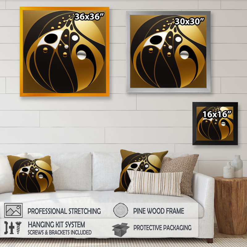 Creasman Golden and Black Sphere I - reproduction sur toile, Cadre photo noir, H 24 po x l 24 po x P 1 po